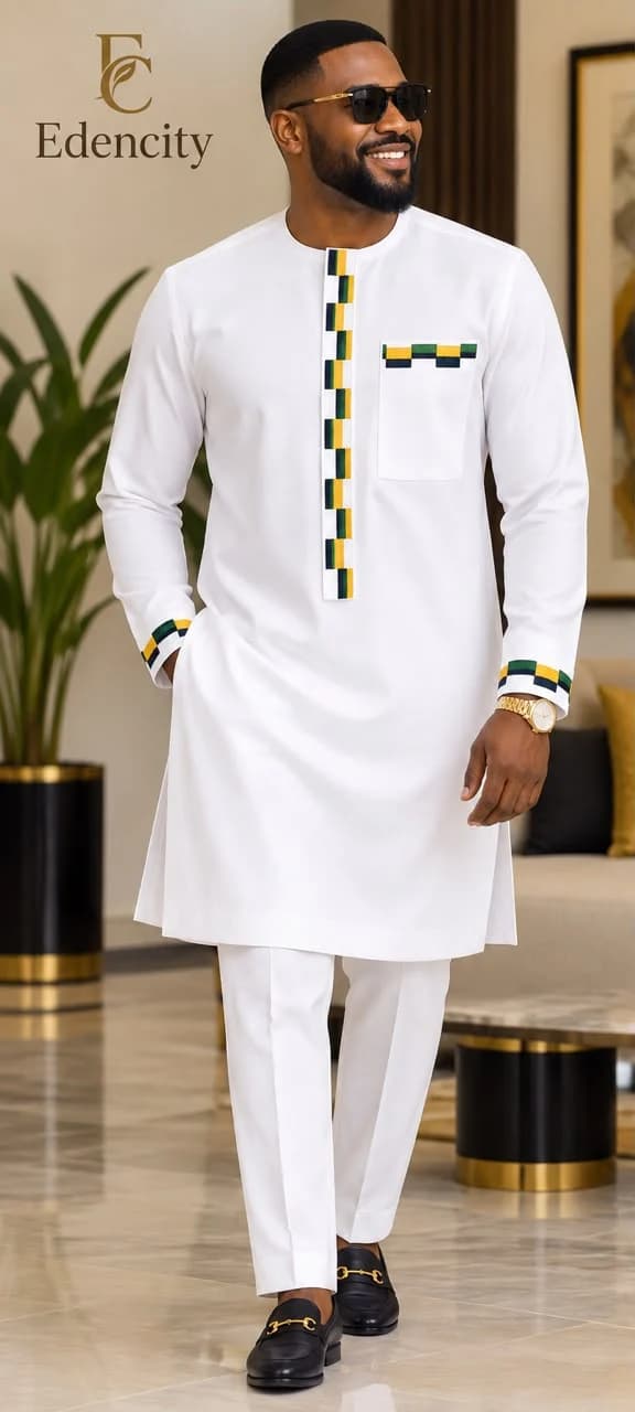 Kwame Kaftan Set in white with kente trim